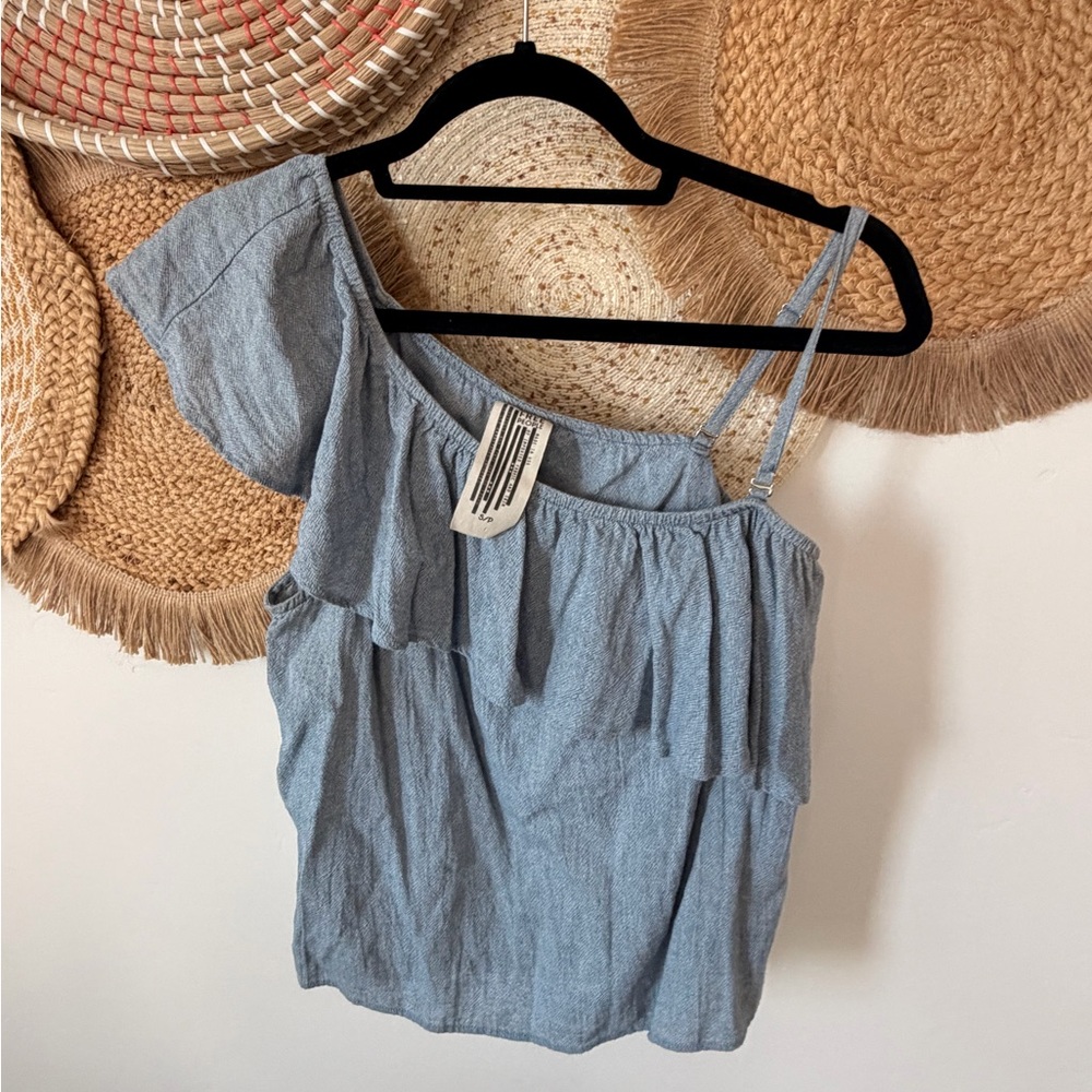Free People Denim Blue Ruffle Blouse